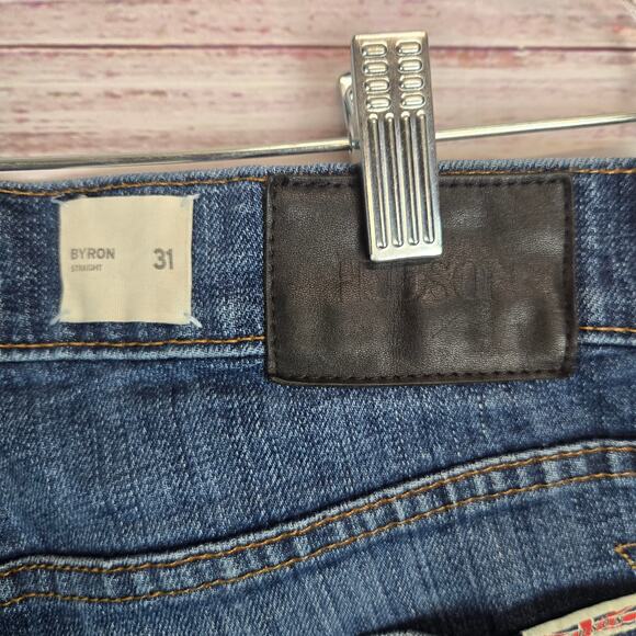 Hudson Mens Byron Straight Jeans 31 Blue Denim Distress Fade Button Fly Pants - Picture 7 of 15